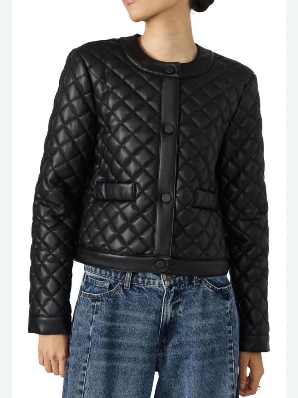 Steve Madden Black Quilted Faux-Leather Snap Jacket